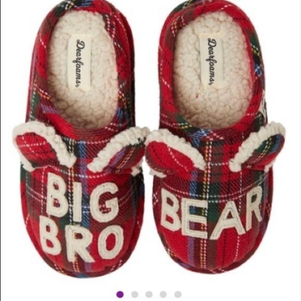 Dearfoams Kids Toddler Little Kids Big Bro Bear Plaid Red Slippers NEW 7-8 US